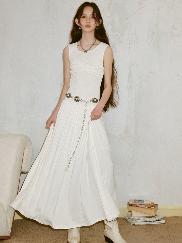Pleated Draped Sheer Sleeveless Long Dress