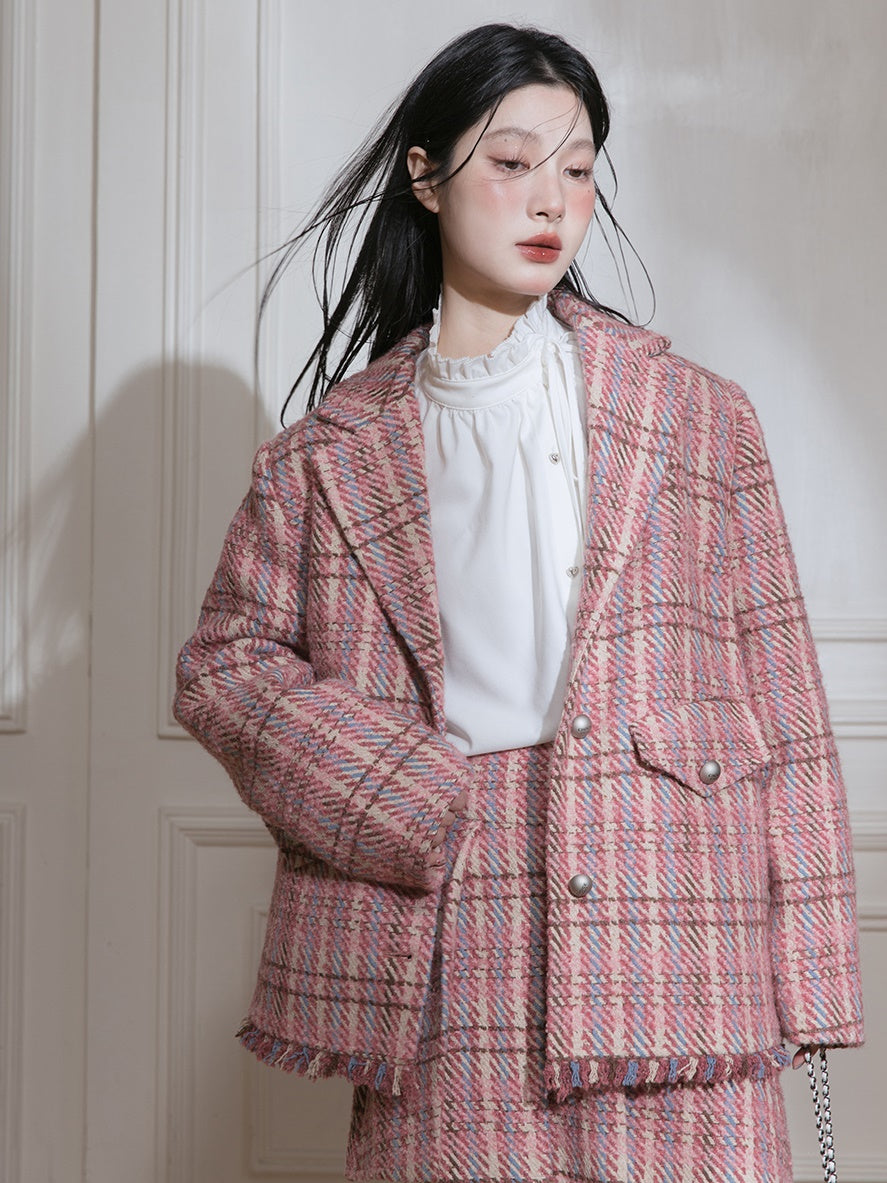 Plaid Tweed Asymmetry Design Jacket & Skirt