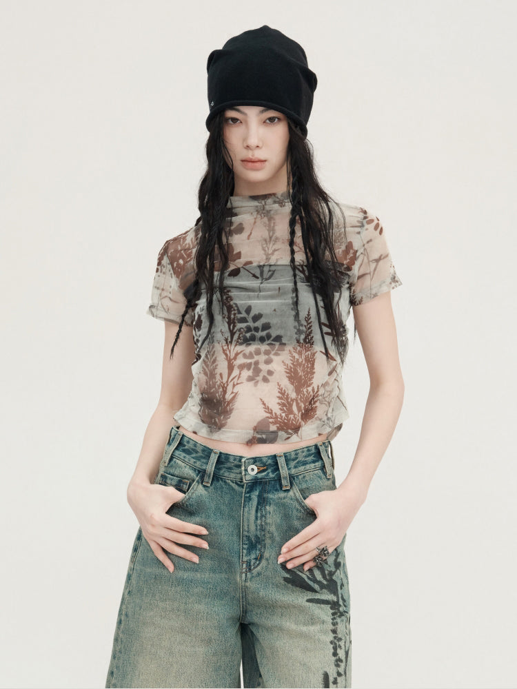 Plant Printing Micro-transparent Mesh T-shirt