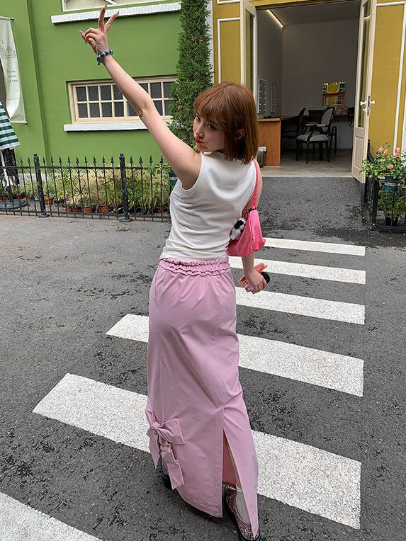 Ribbon Low-waist Tooling Long Skirt