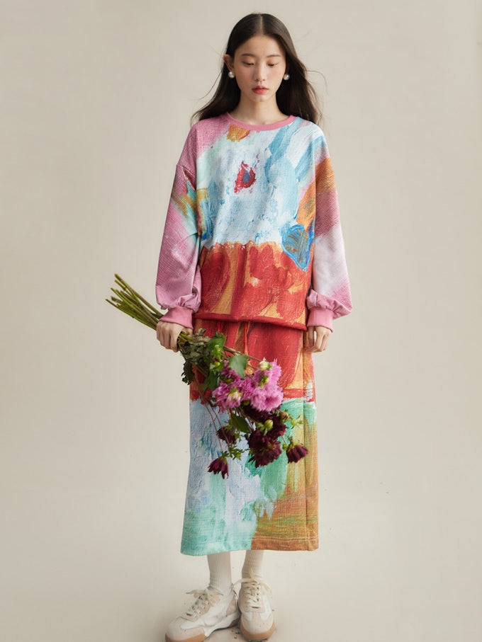 Oil Painting Taste Printed Sweat & Skirt