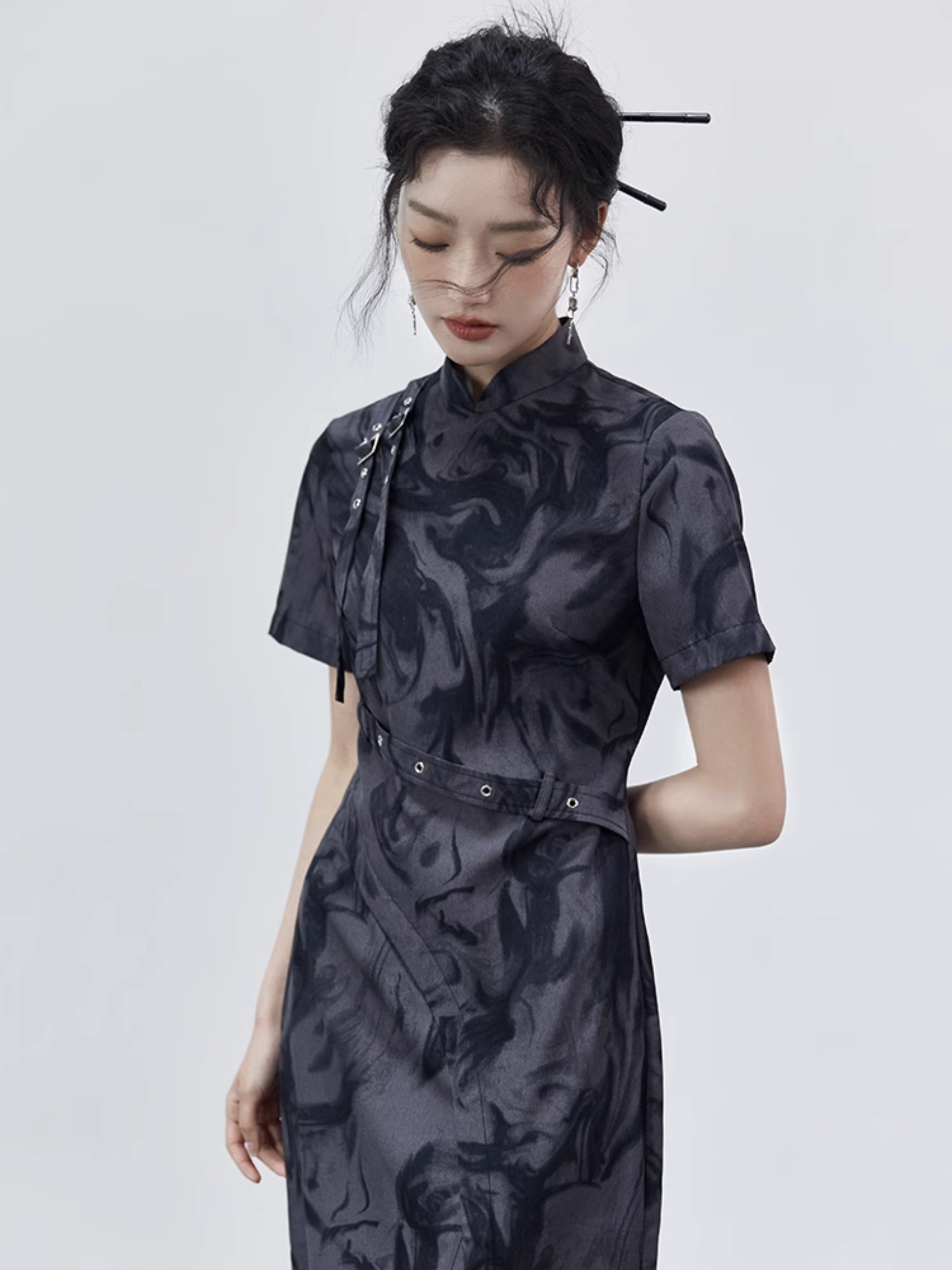Tie-Dye Strap Design Cheongsam Short Sleeve Dress