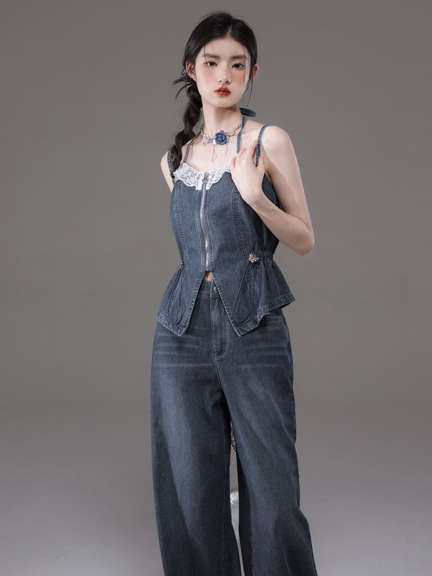 Double Strap Lace Stitch Denim Camisole & Wide-Leg Jeans Set-up