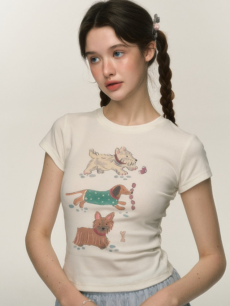 Cute Puppy Printed Short-sleeved T-shirt
