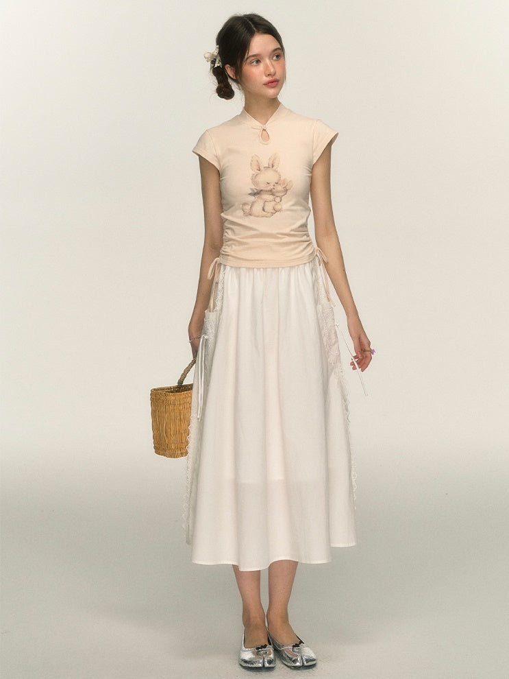 Chinese Style Rabbit Print Drawstring T-shirt