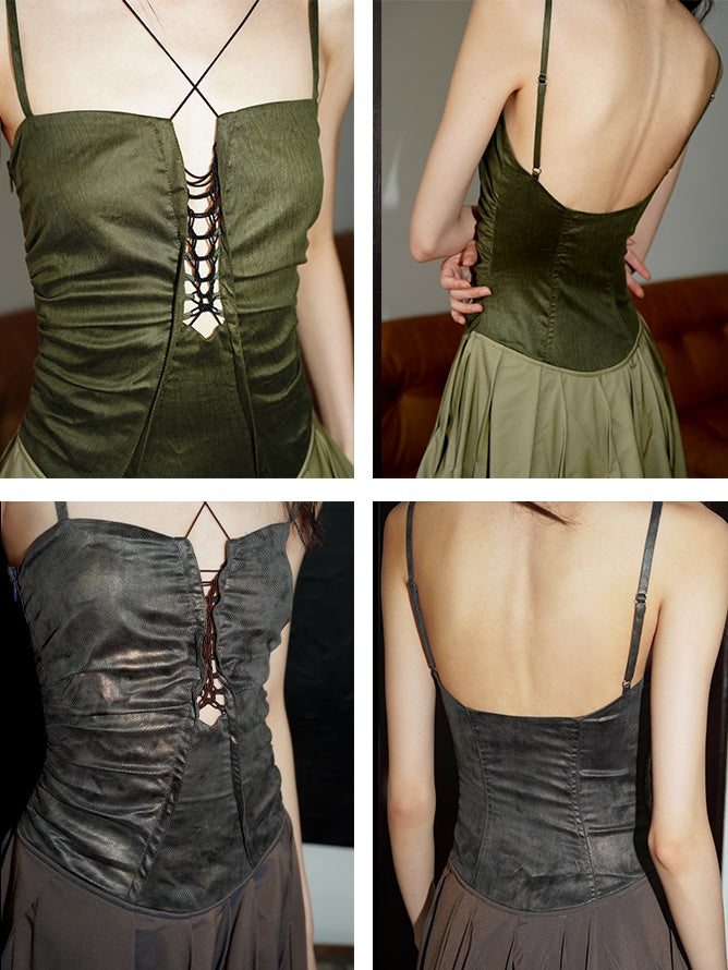 Polarized Faux Leather Hollow Suspender Long Dress
