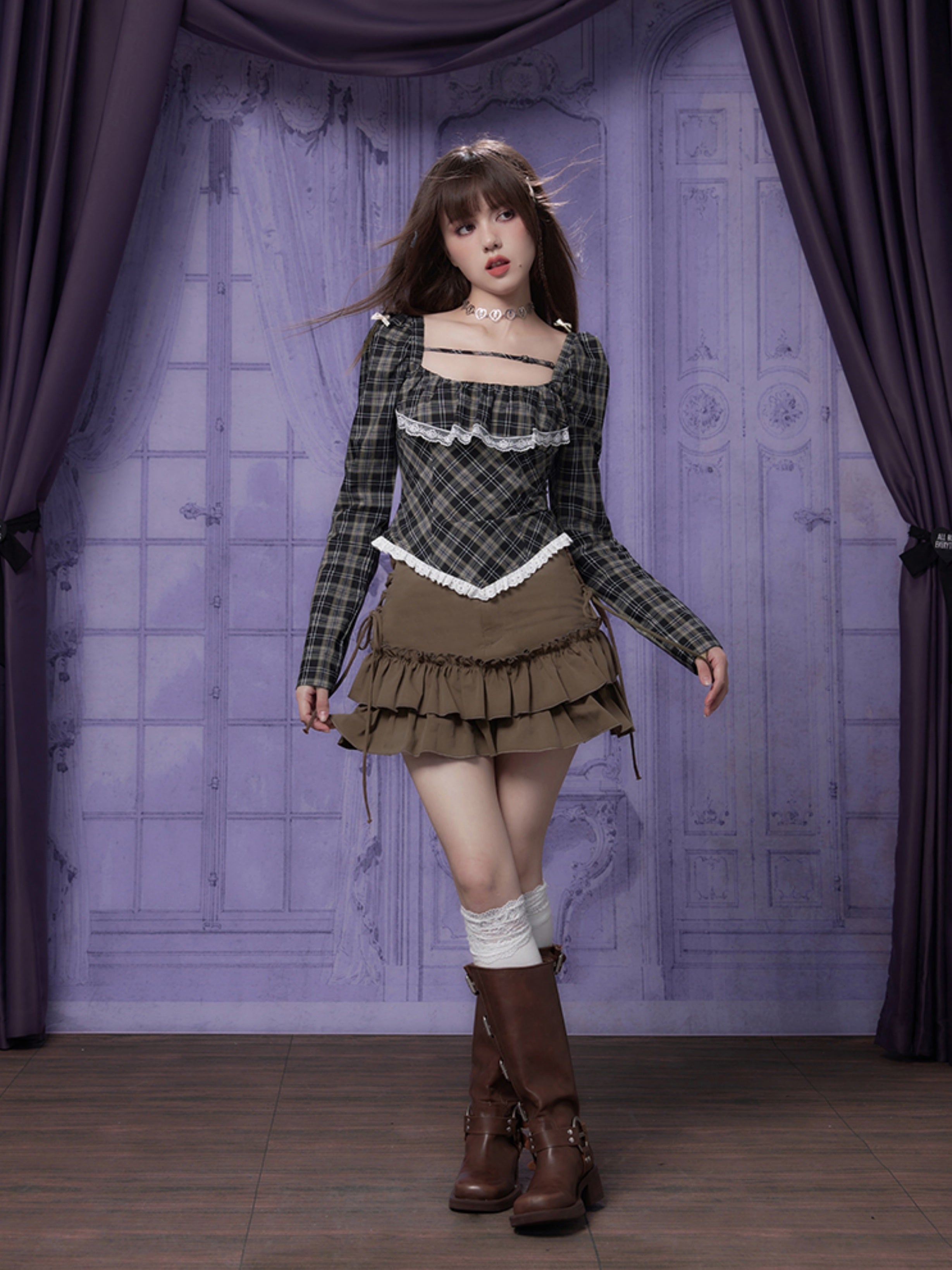 사각형 칼라 격자 무늬 긴팔 셔츠