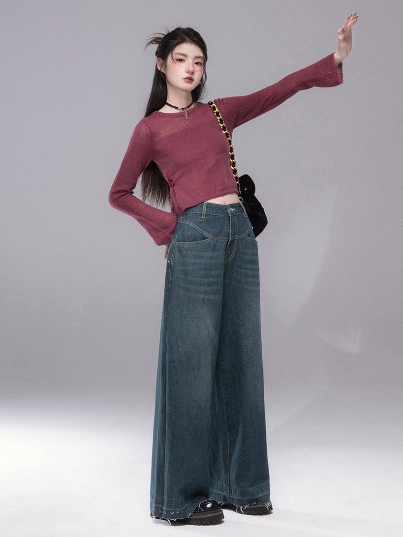 Wavy Split Line Retro Wide-leg Jeans