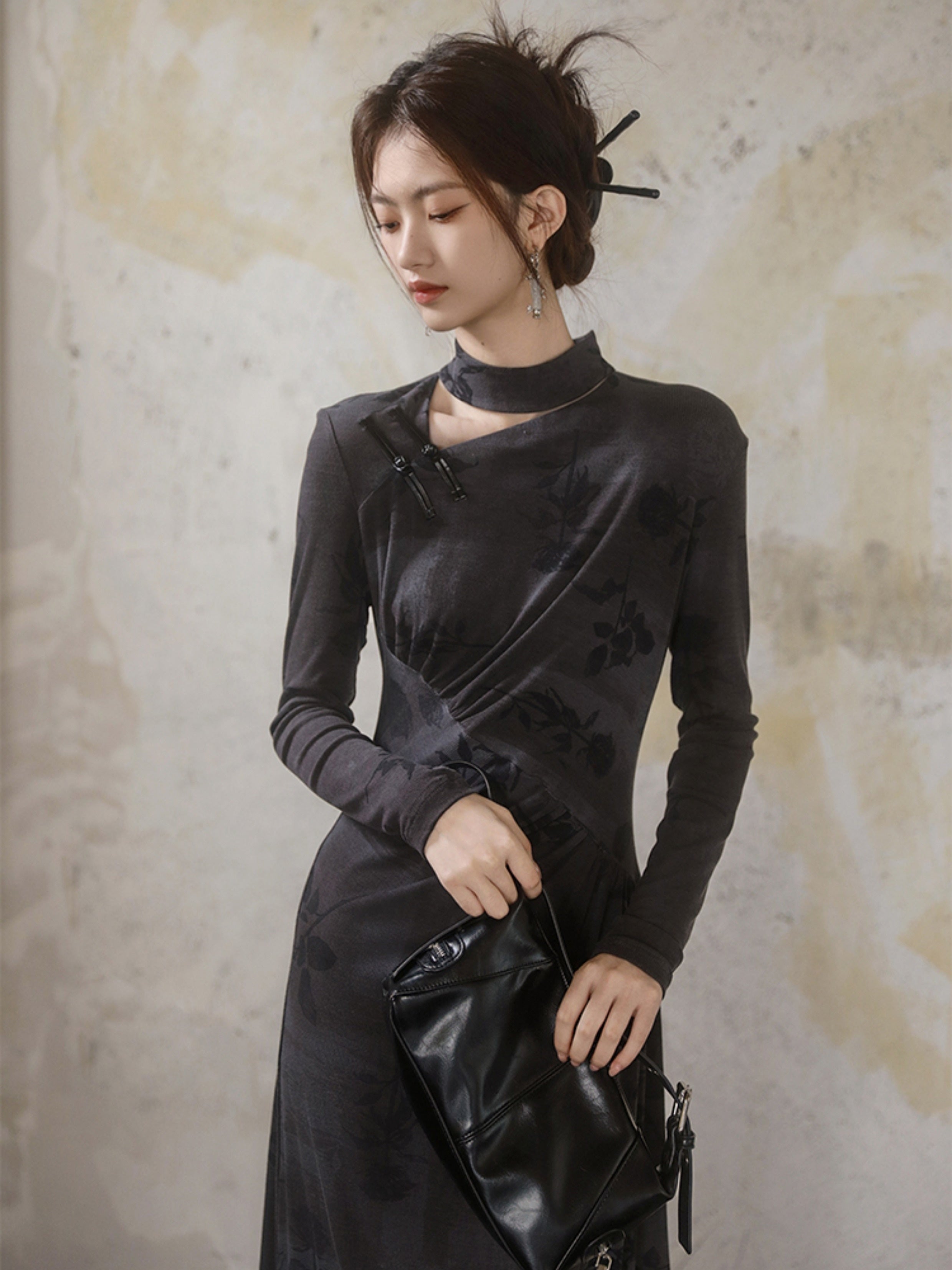 중국 스타일 인쇄 슬림 한 긴팔 드레스