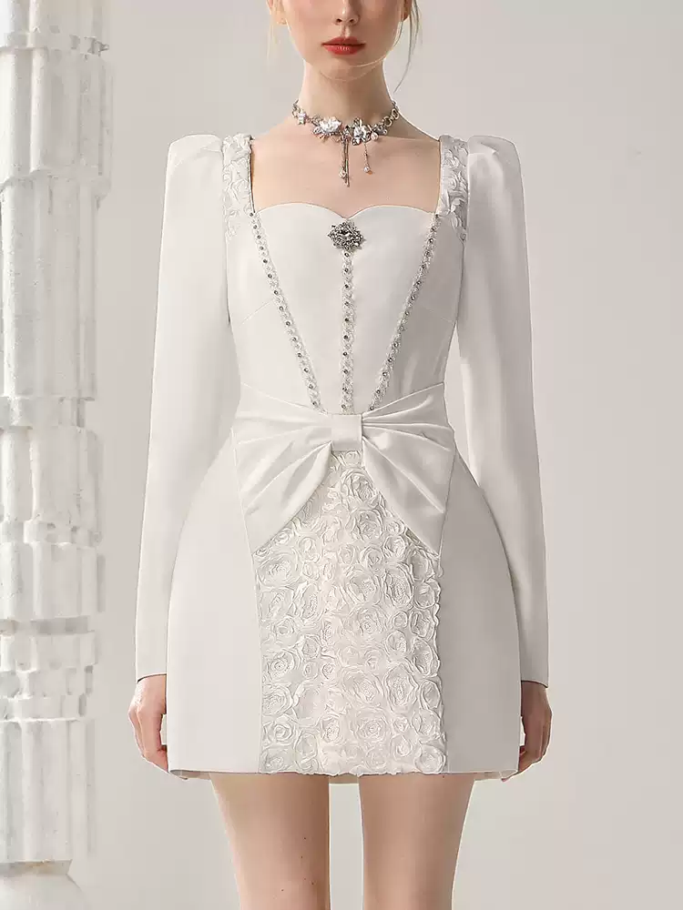Ribbon Lace Bijou Short Square-Neck Elegant Dress