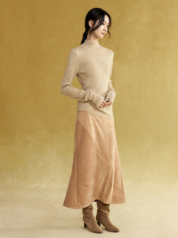 Fake Suede Curved Patchwork Skirt
