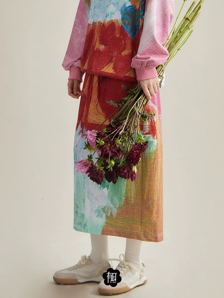 Oil Painting Taste Printed Sweat & Skirt