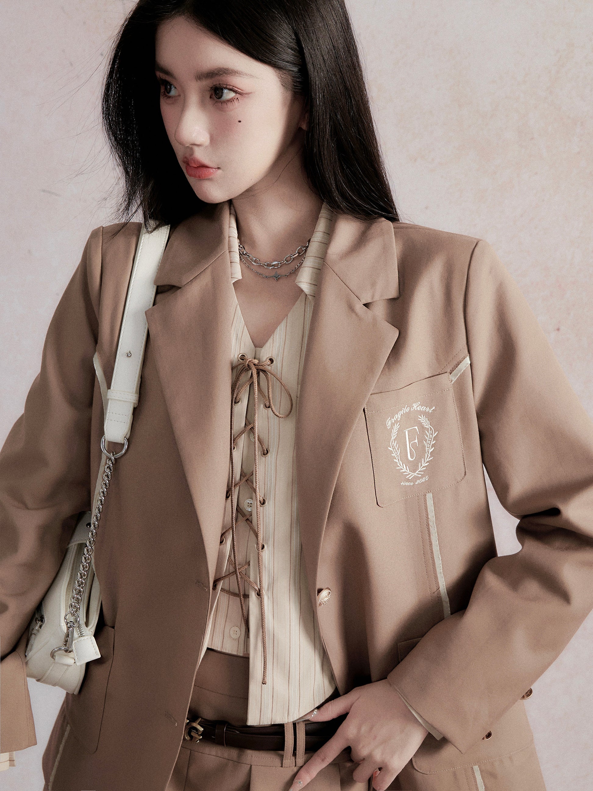 Retro SchoolGirl Jacket & Mini Skirt & Lace-Up Shirt