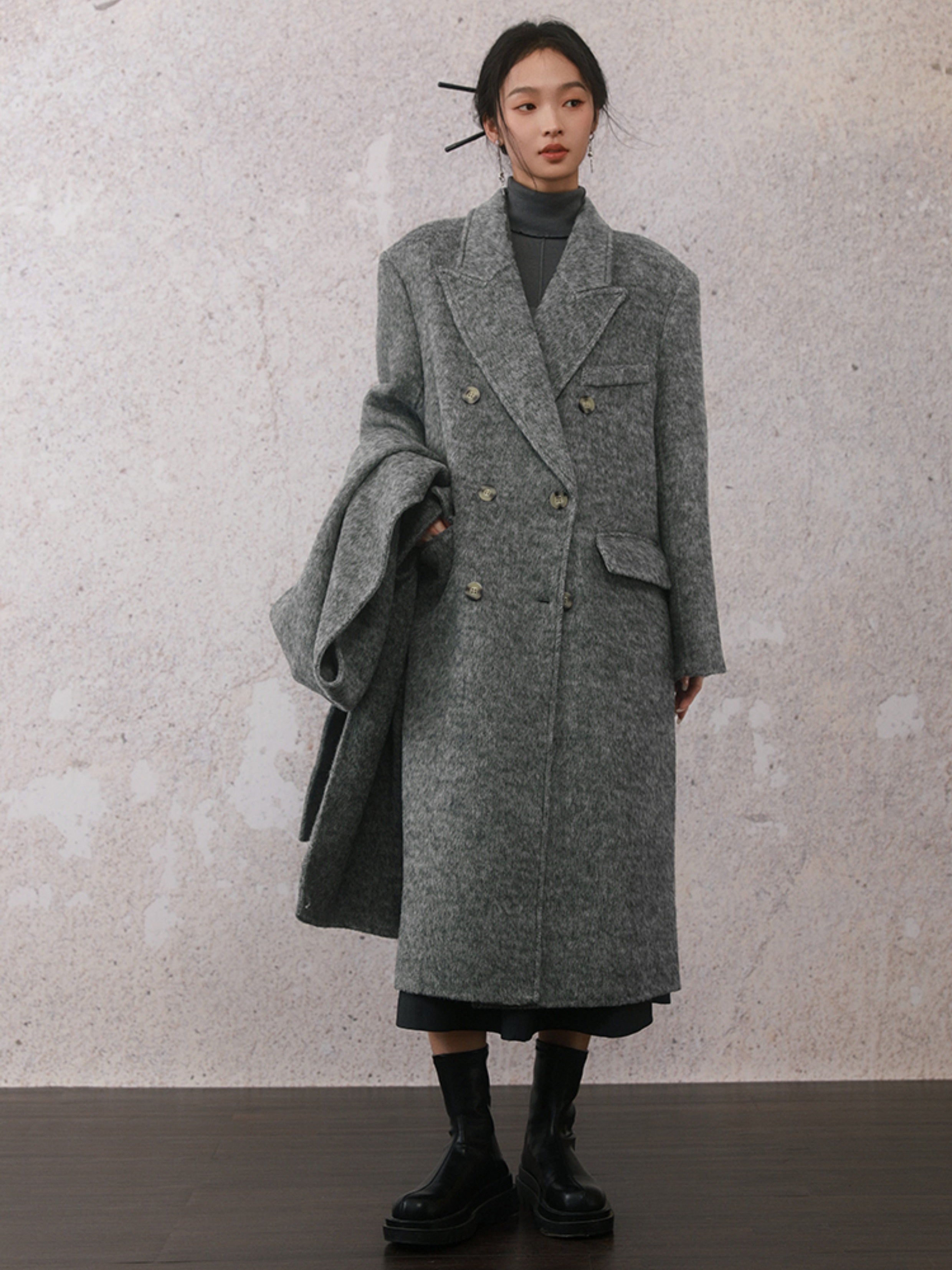 슈트 칼라 양면 미드 길이 코트