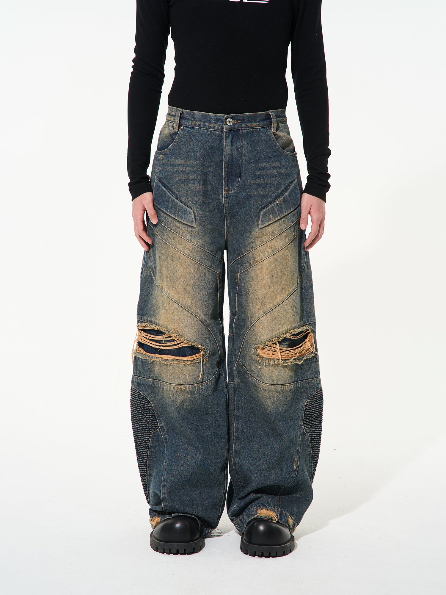 DENIM DAMAGE FADED WIDE PANTS