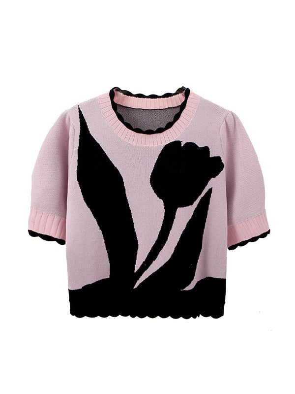 Tulip Contrast Color Short-Sleeeded Knit & Skirt