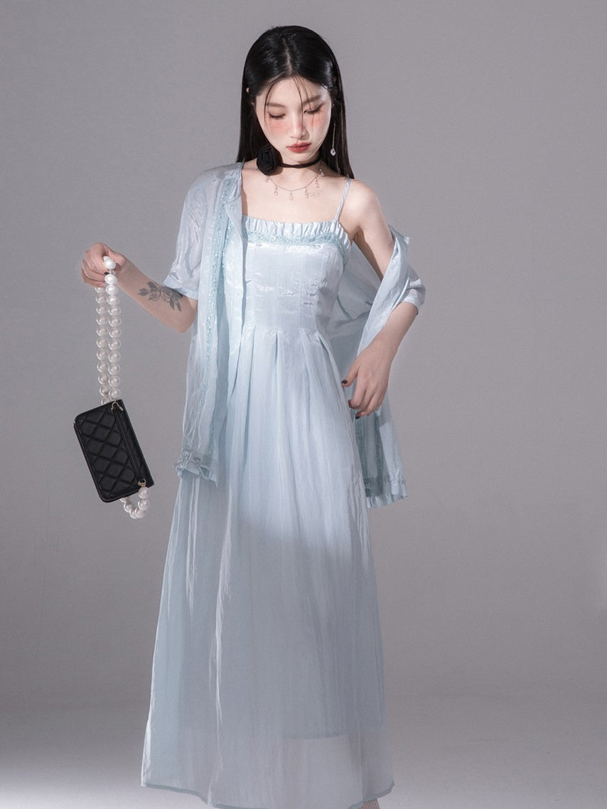 Glossy Drawstring Shirt & Slip Long Dress