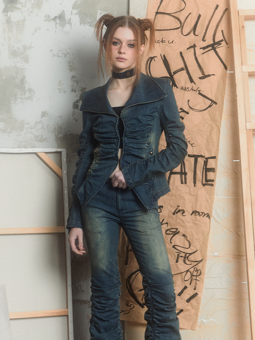 Street Pleated Stacked Denim Jacket