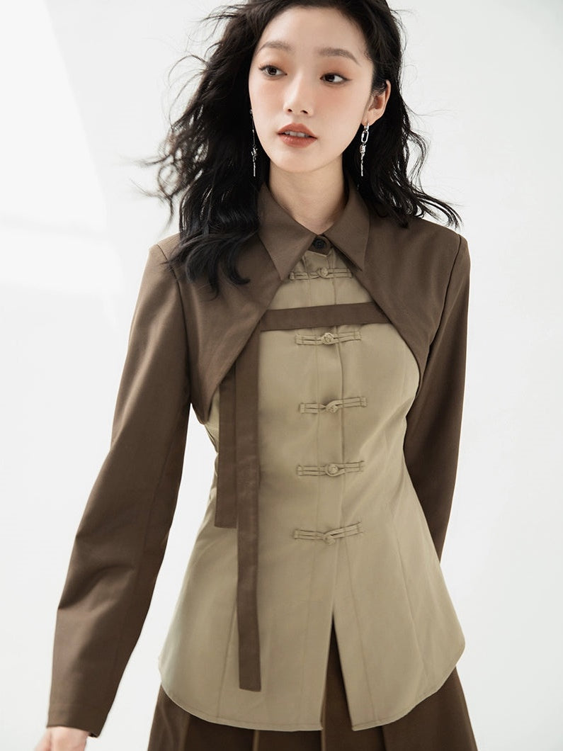 중국 버클 콘트라스트 컬러 페이크 2피스 셔츠