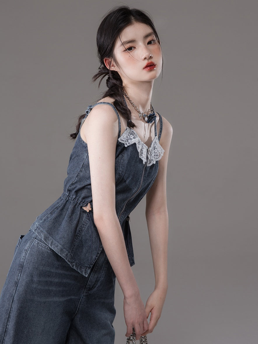 Double Strap Lace Stitch Denim Camisole & Wide-Leg Jeans Set-up