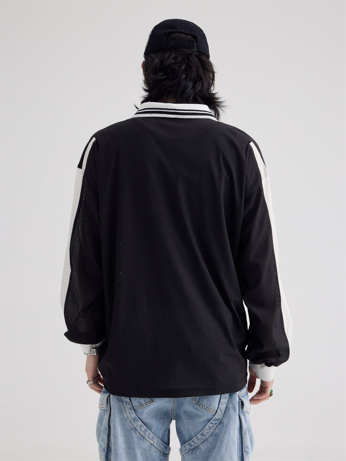 Polo Collar Mesh Print Long-sleeved T-shirt