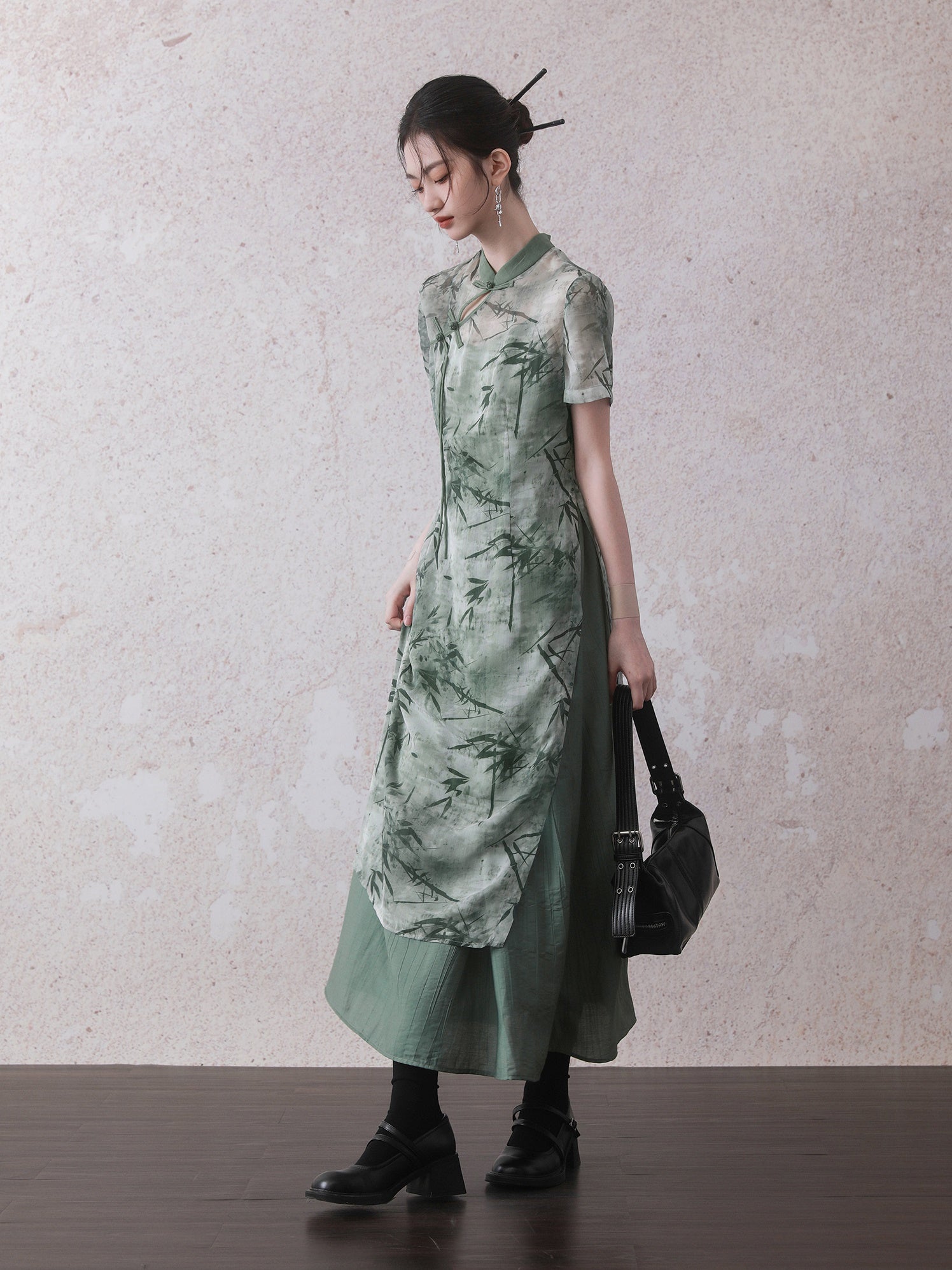 Chinese Style Bamboo Leaf Print Long Shirt & Camisole One-piece Set-up