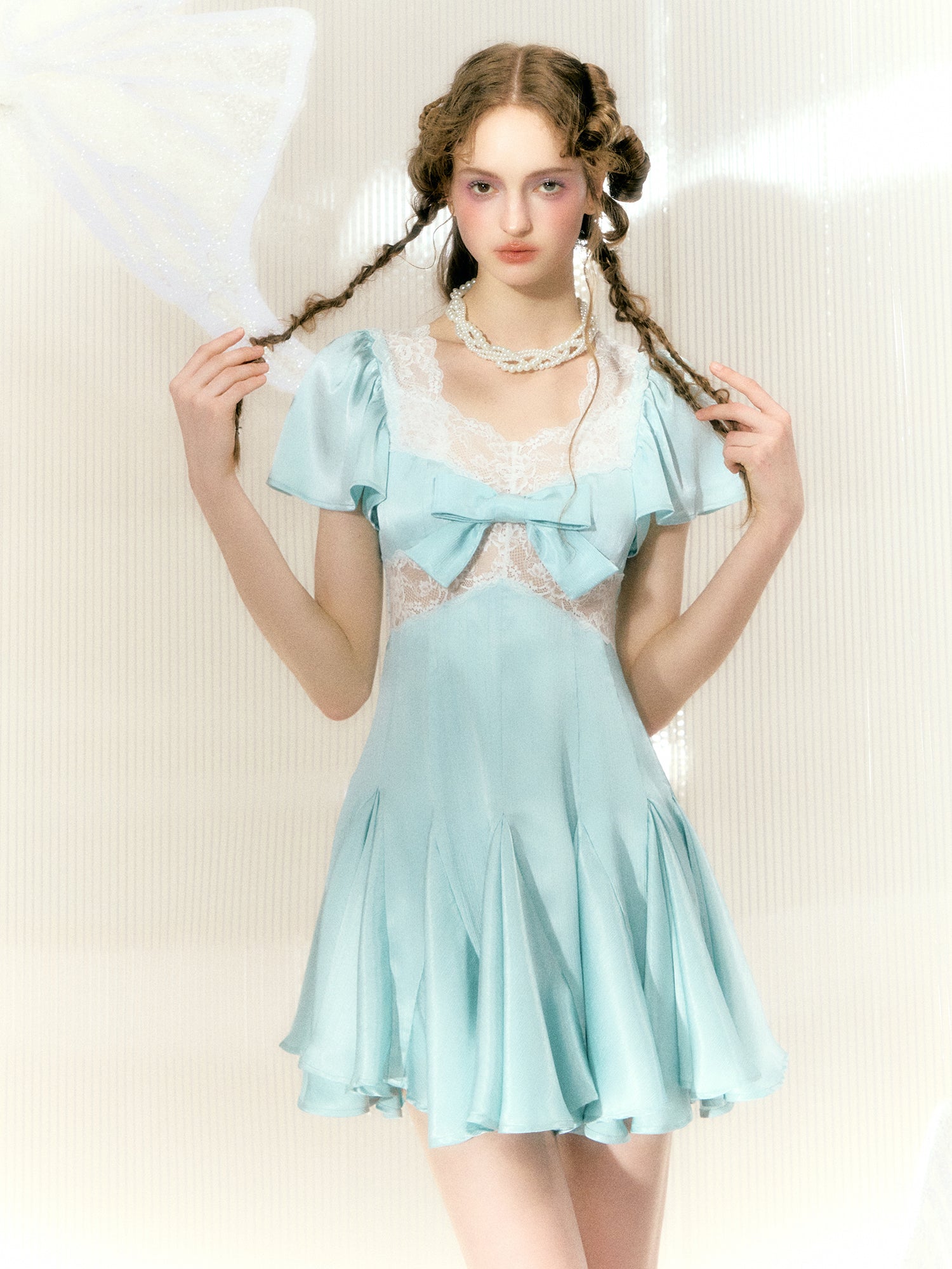 Hollow Lace Bow Short-sleeved Dress