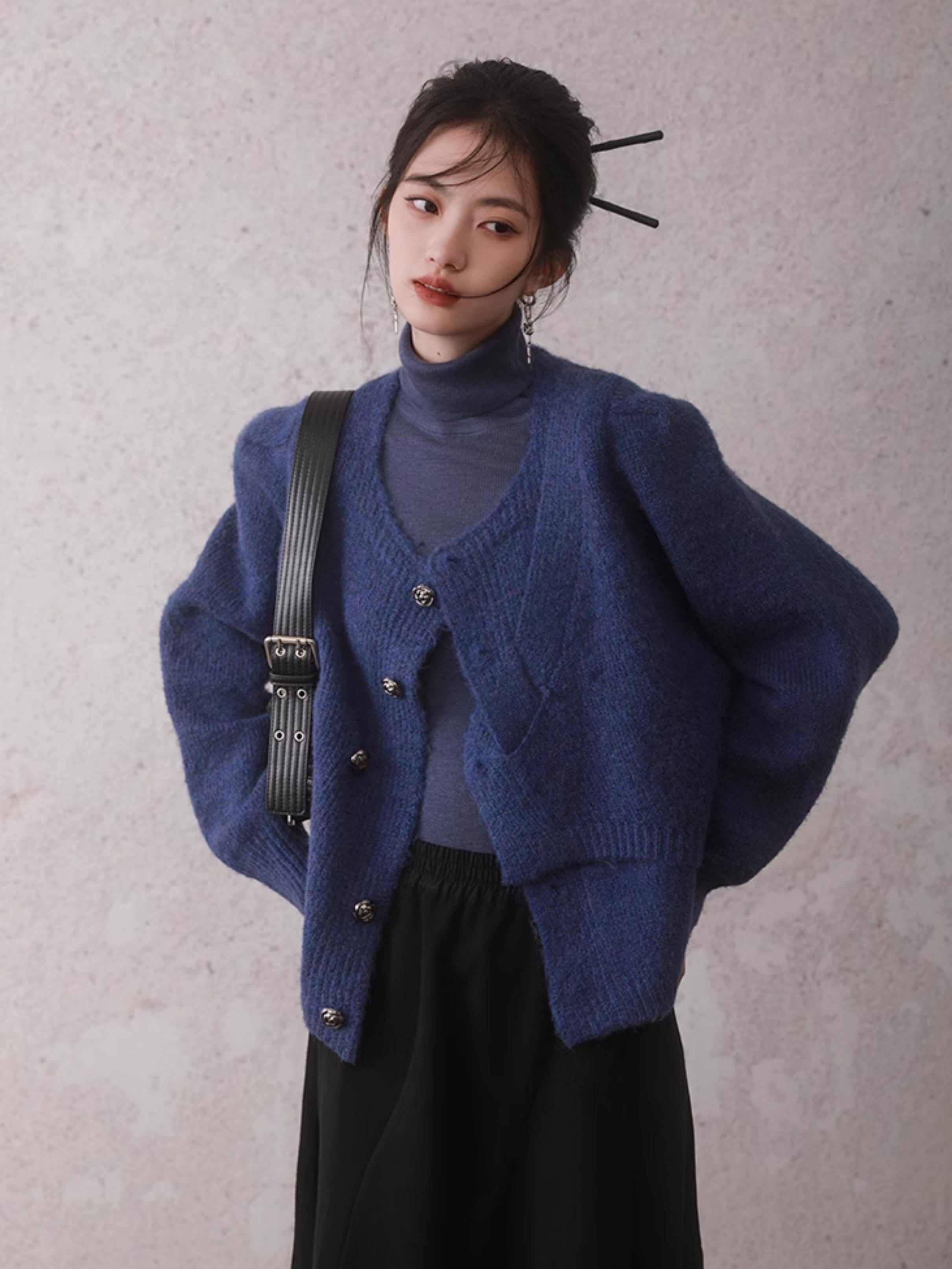 Irregular Button Round Neck Knitted Cardigan
