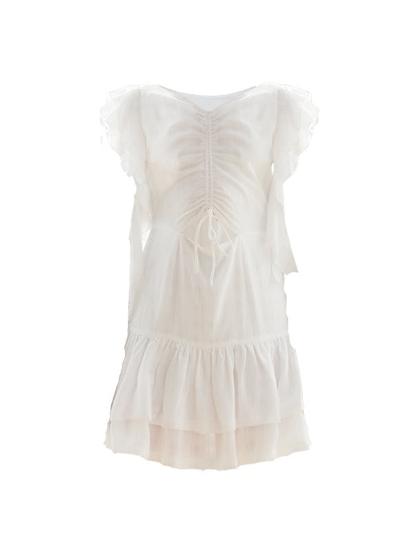 Plaid Drawstring Frill Sleeve Short Dress