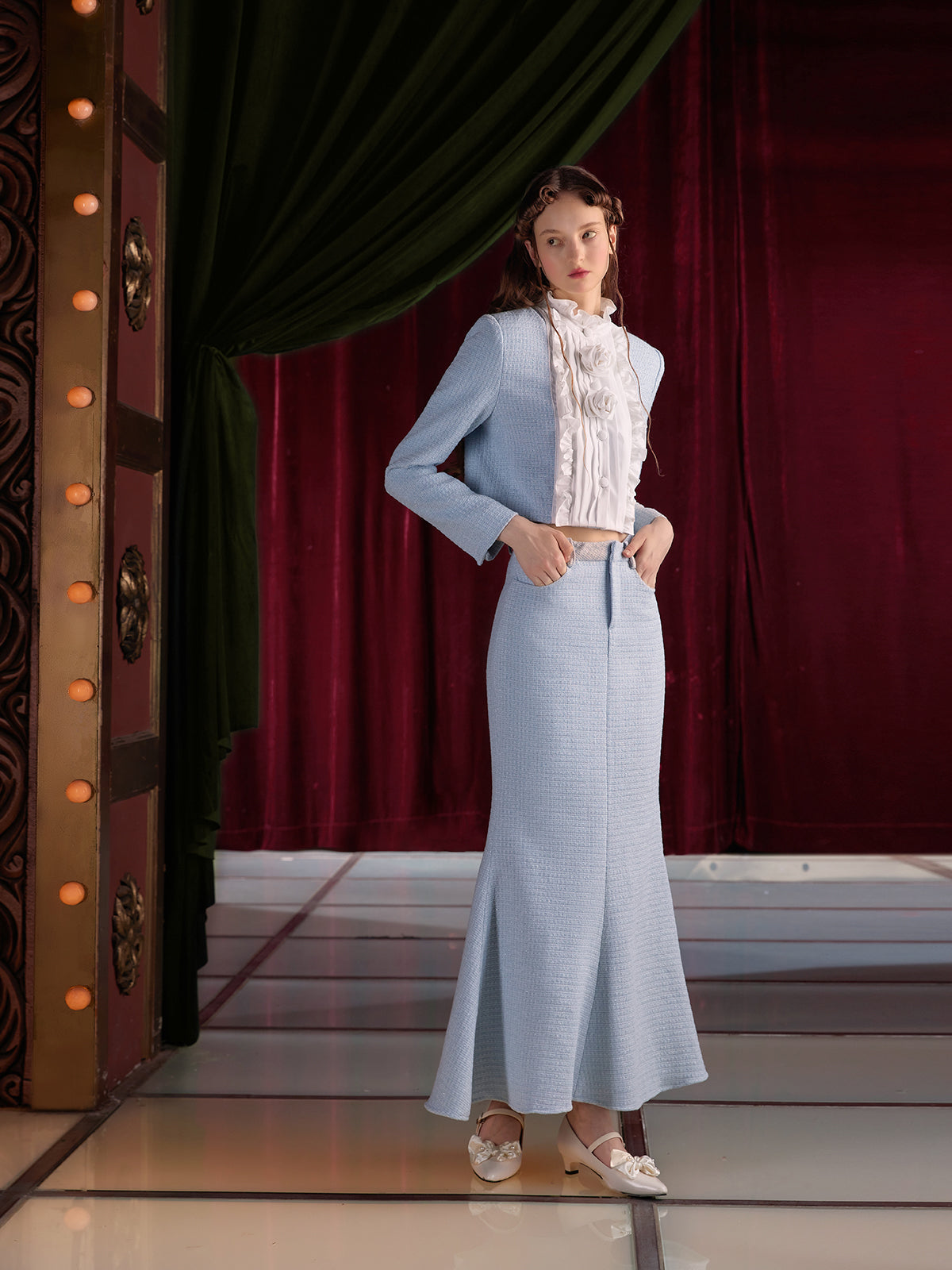 Pleated Ruffled Switching Tweed Touch Jacket & Mermaid Skirt