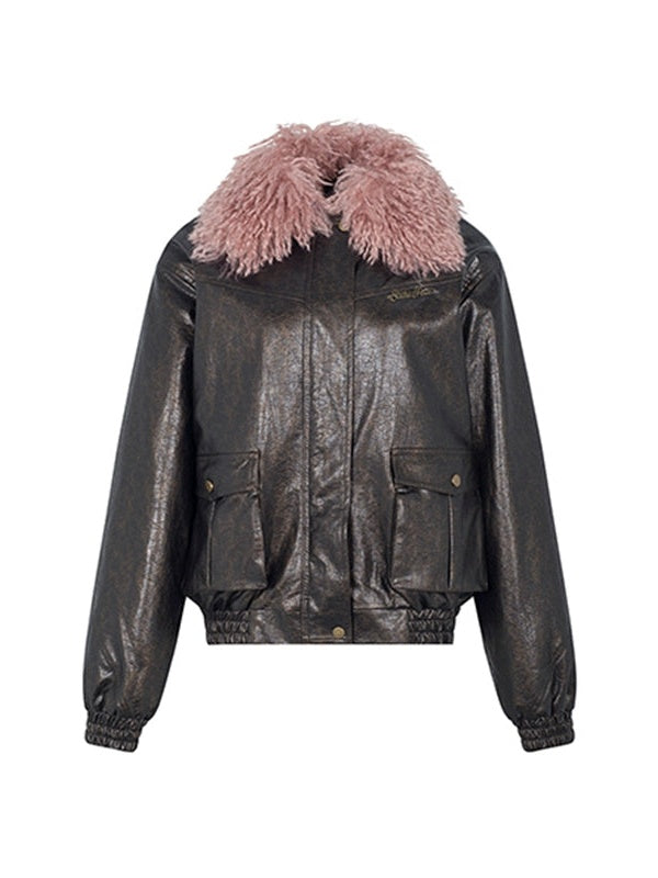 Abnehmbares Plüschkragen lose Lederjacke