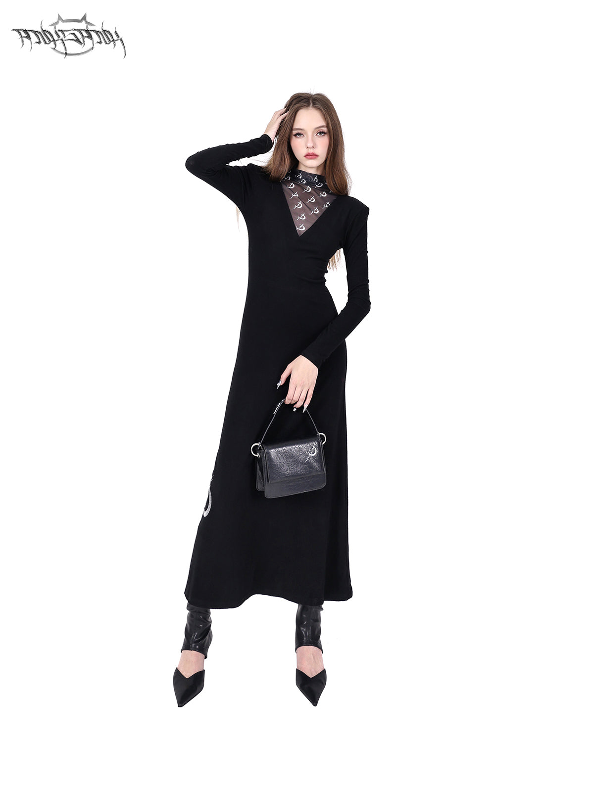 Mesh Splicing Shoulder Pad Bottle Neck Dress