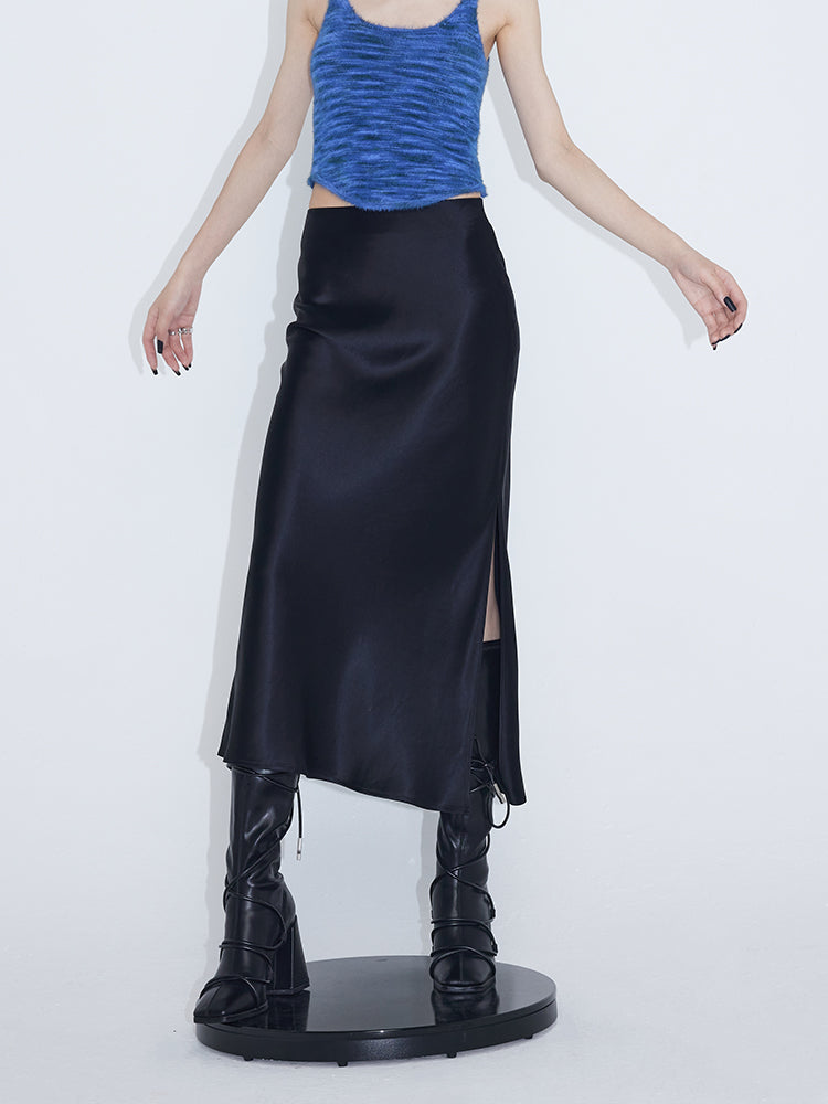 Glossy Drape Slit Skirt