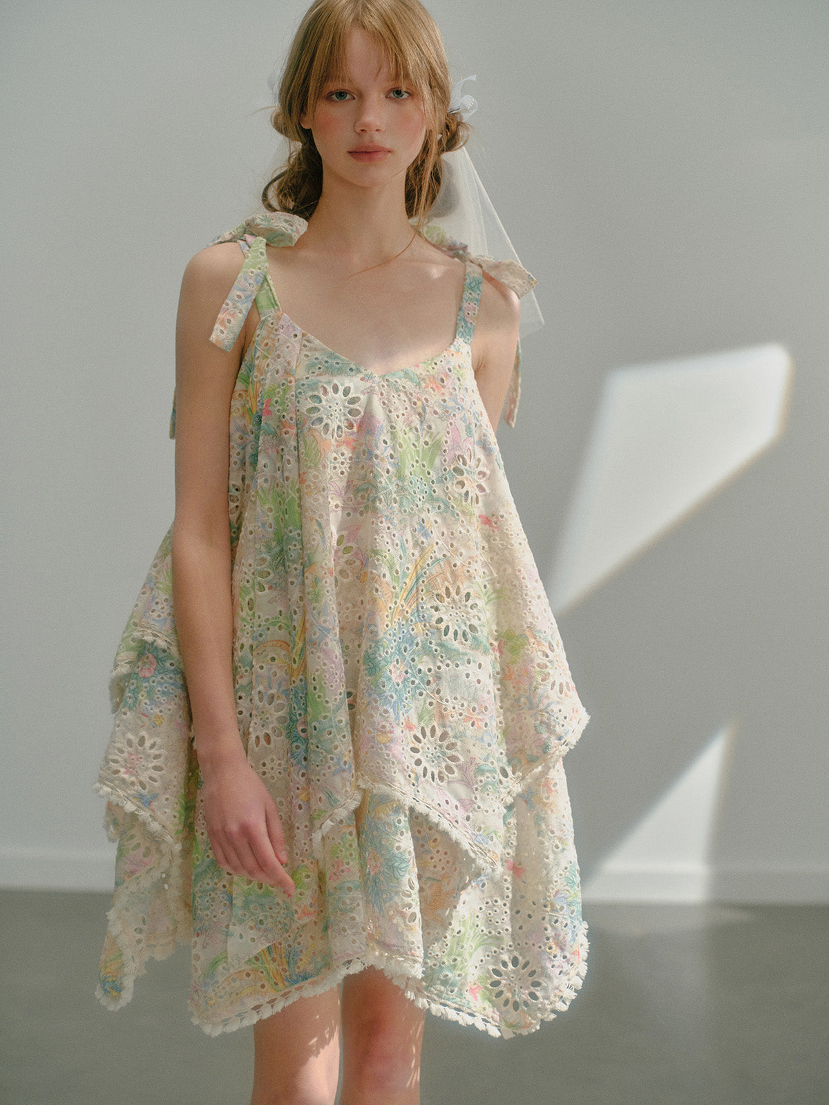 Colorful Print Cutwork Lace Loose Bow Dress