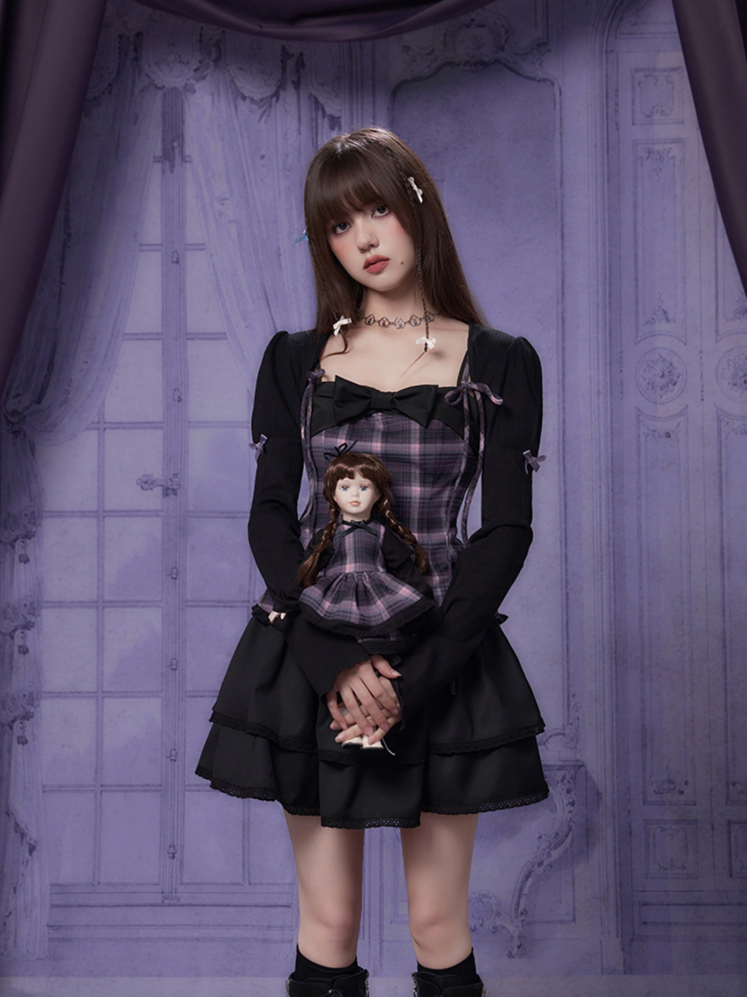 Grid Switching Design Suspender Dress