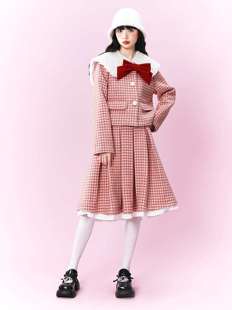 Retro Gingham Plaid Big Collar Jacket & Pleated Skirt