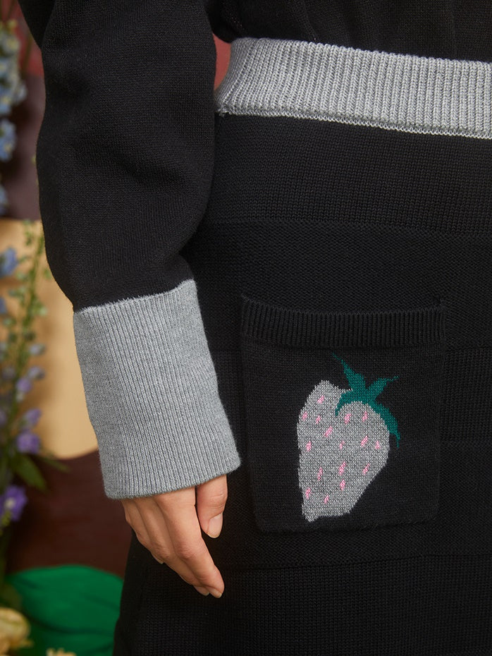 Strawberry Jacquard V-Ausschnitt Strickpullover & Rock