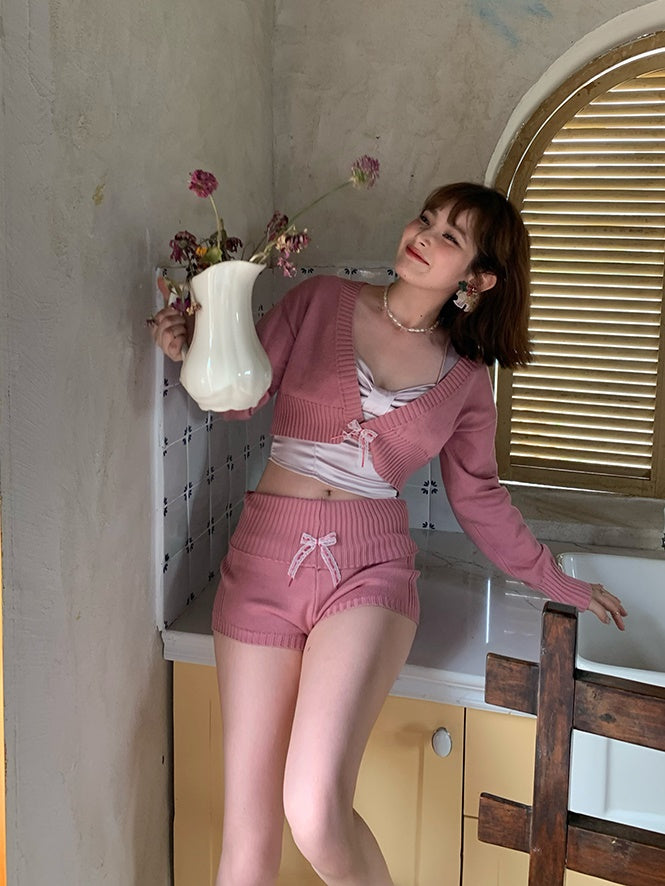 Knitted Cropped V-neck Cardigan & Short Pants