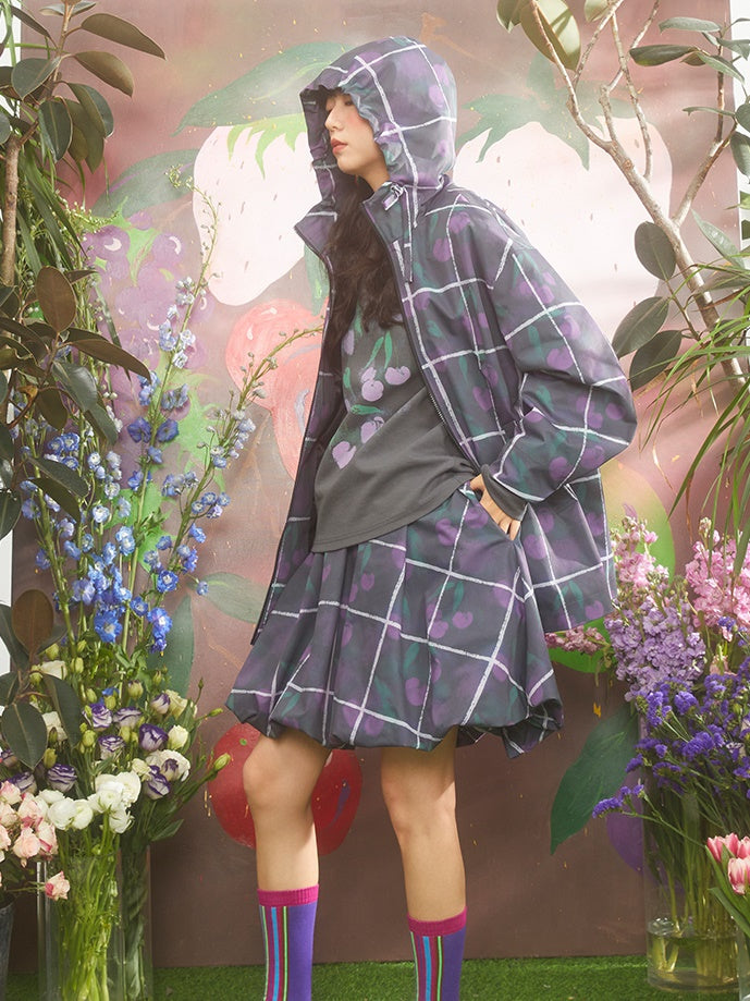 Gradient Cherry Plaid Printed Hooded Windbreaker Jacket & Flower Bud Skirt