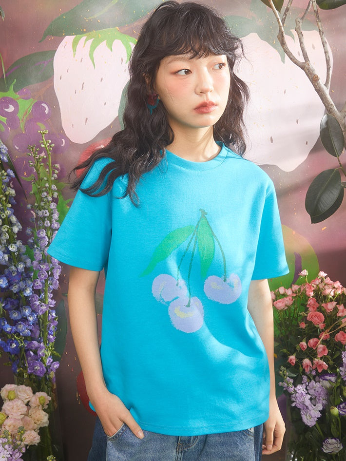Cherry Print Loose Round Neck T-shirt
