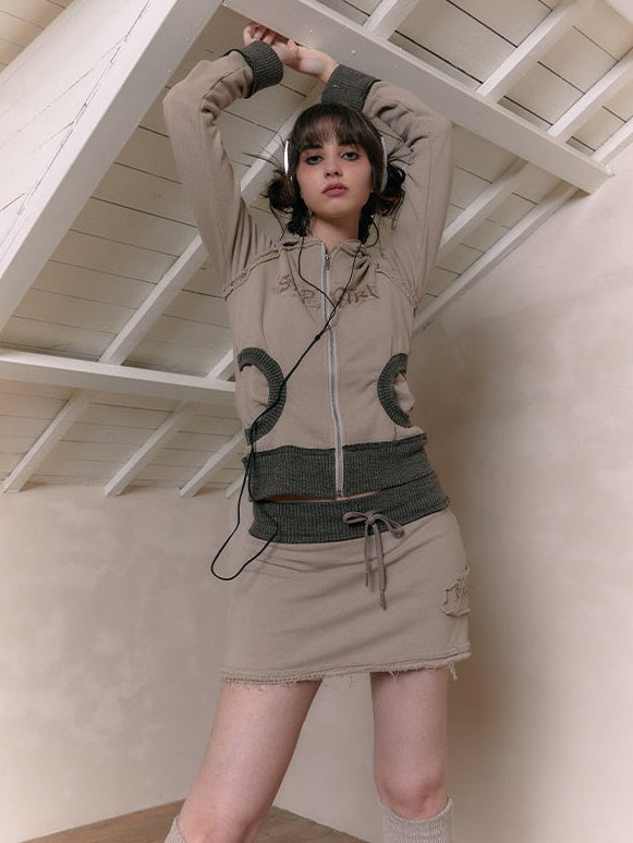 Raw Edge Zipper Hooded Parka & Sweat Short Skirt