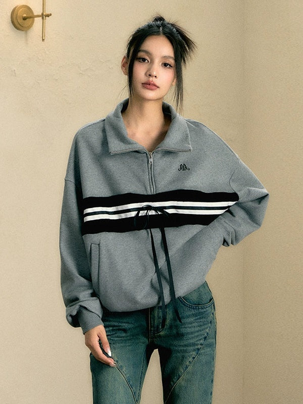 Contrast Line Stand Collar Half-Zip Pullover