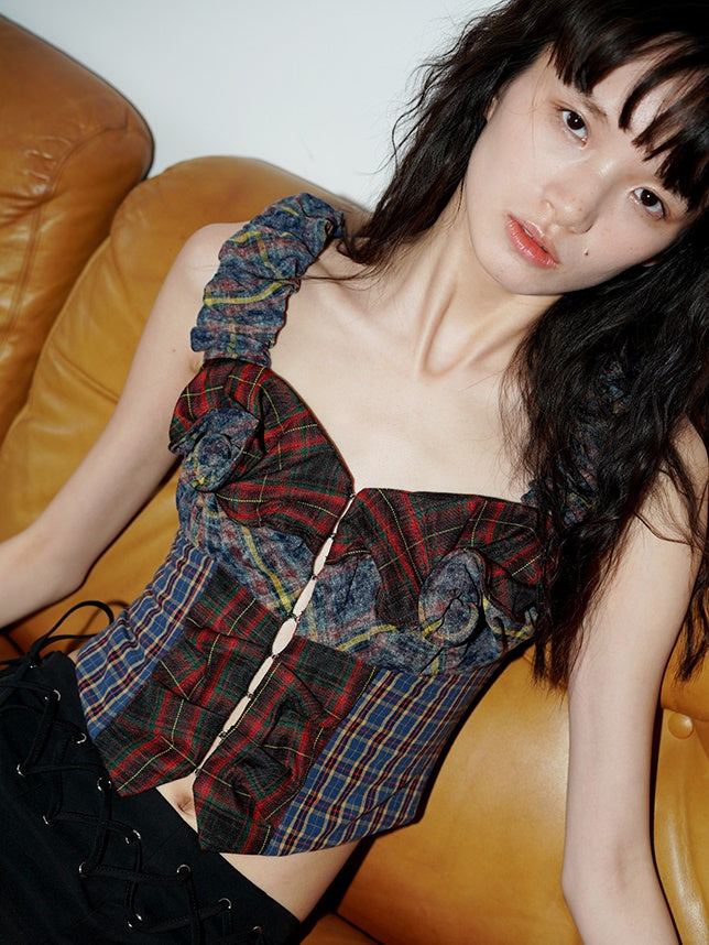 격자 무늬 스티치 3 차원 주름 카미솔