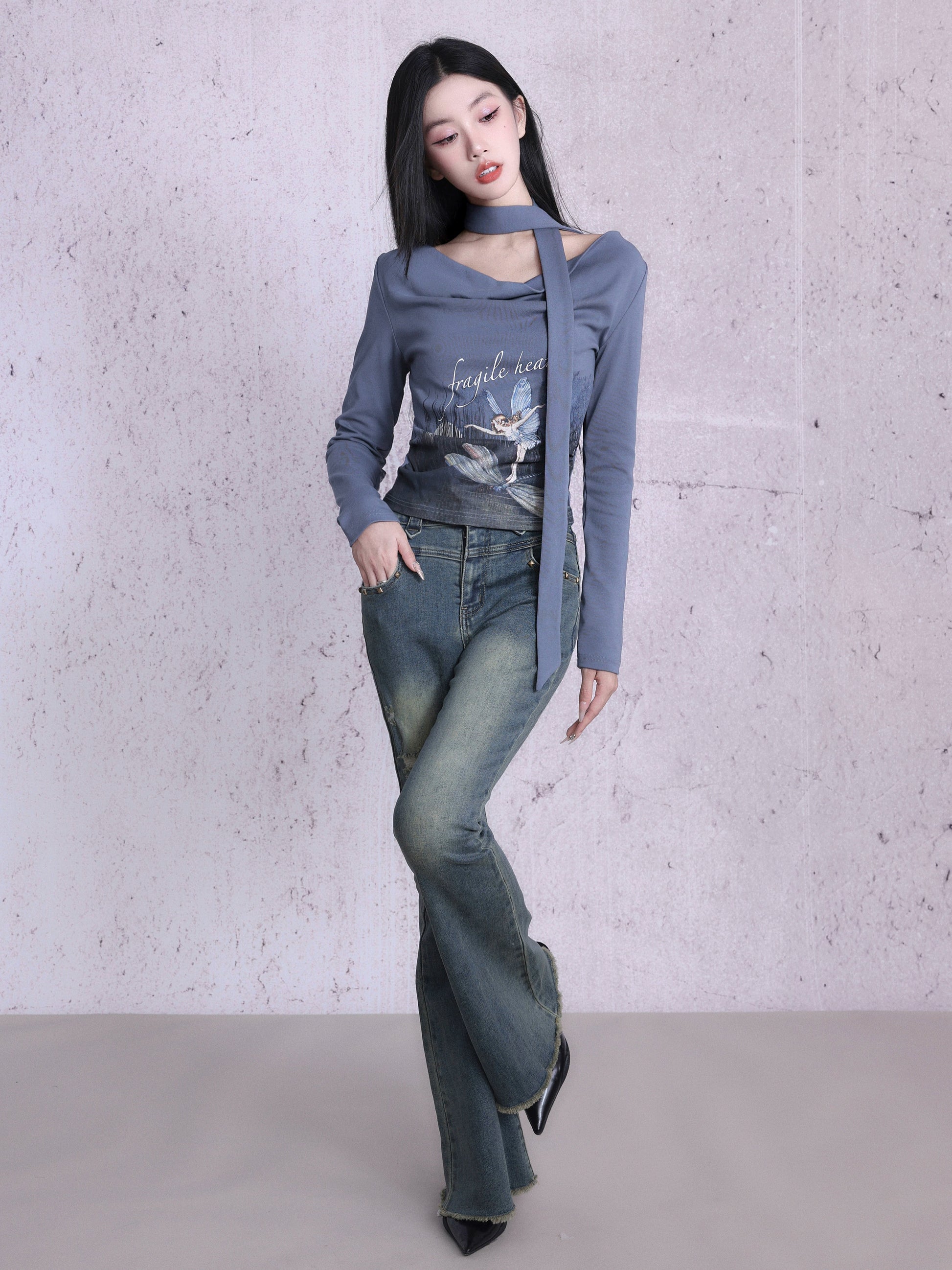 Printed Long-sleeved Swing Neck T-shirt