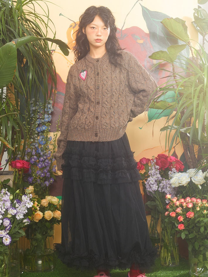 Love Strawberry Embroidered Cable Knitted Cardigan