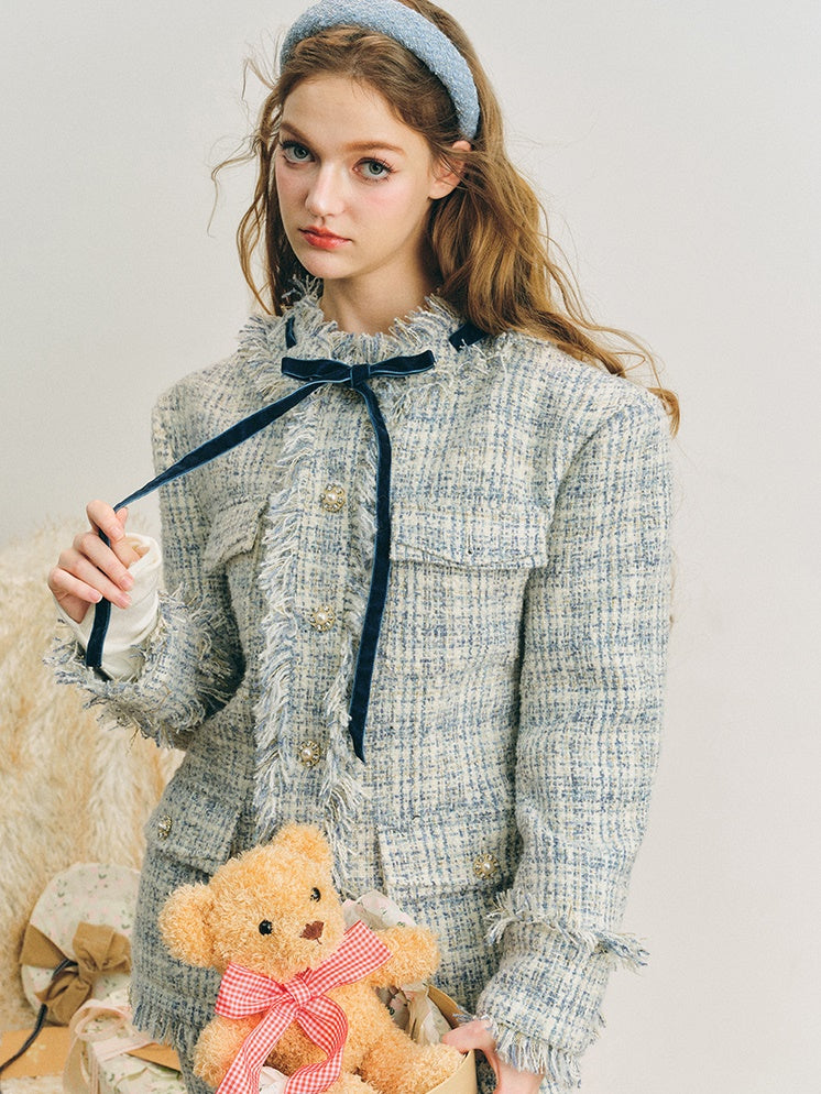 Loose Silhouette Tweed No-Collar Jacket & Mid-Length Skirt