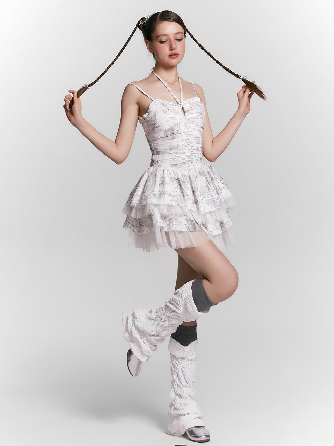 Retro Newspaper Shirring Suspenders Fluffy Dress