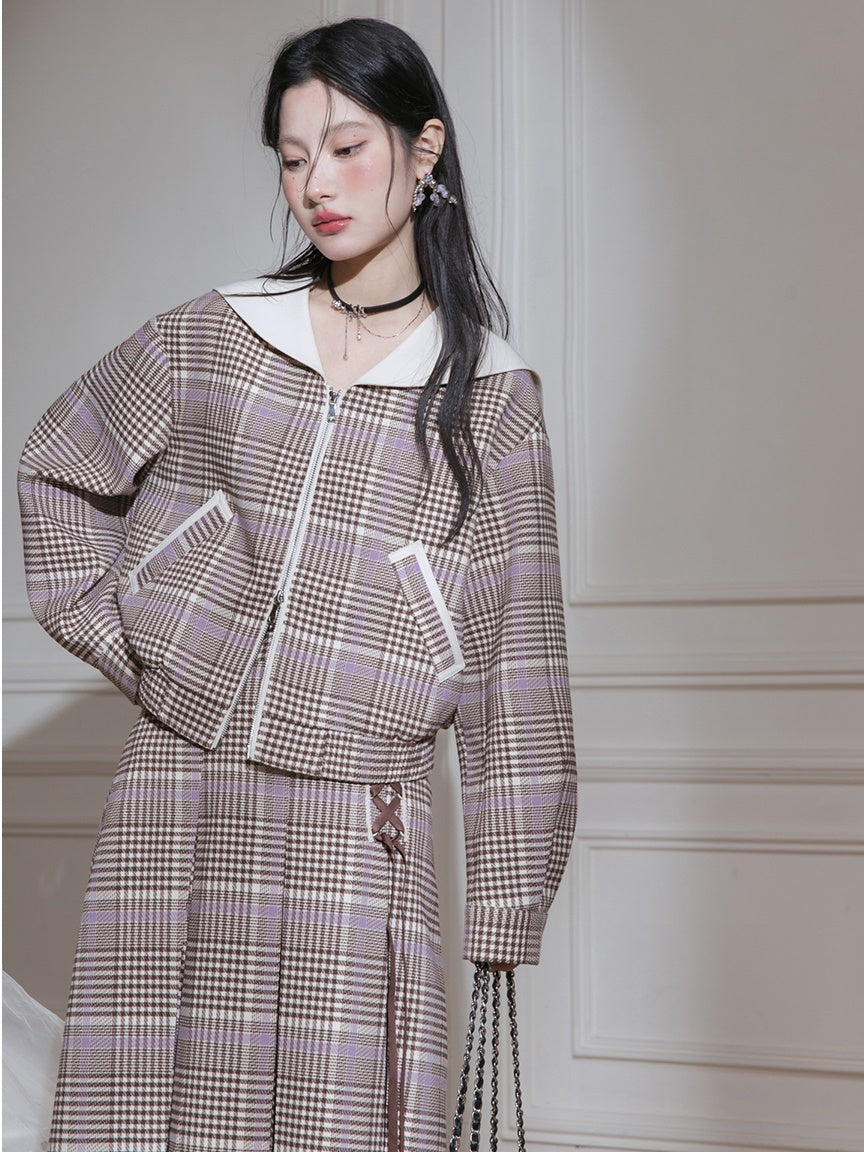 Navy Collar Plaid Short Jacket & A-Line Pleated Skirt