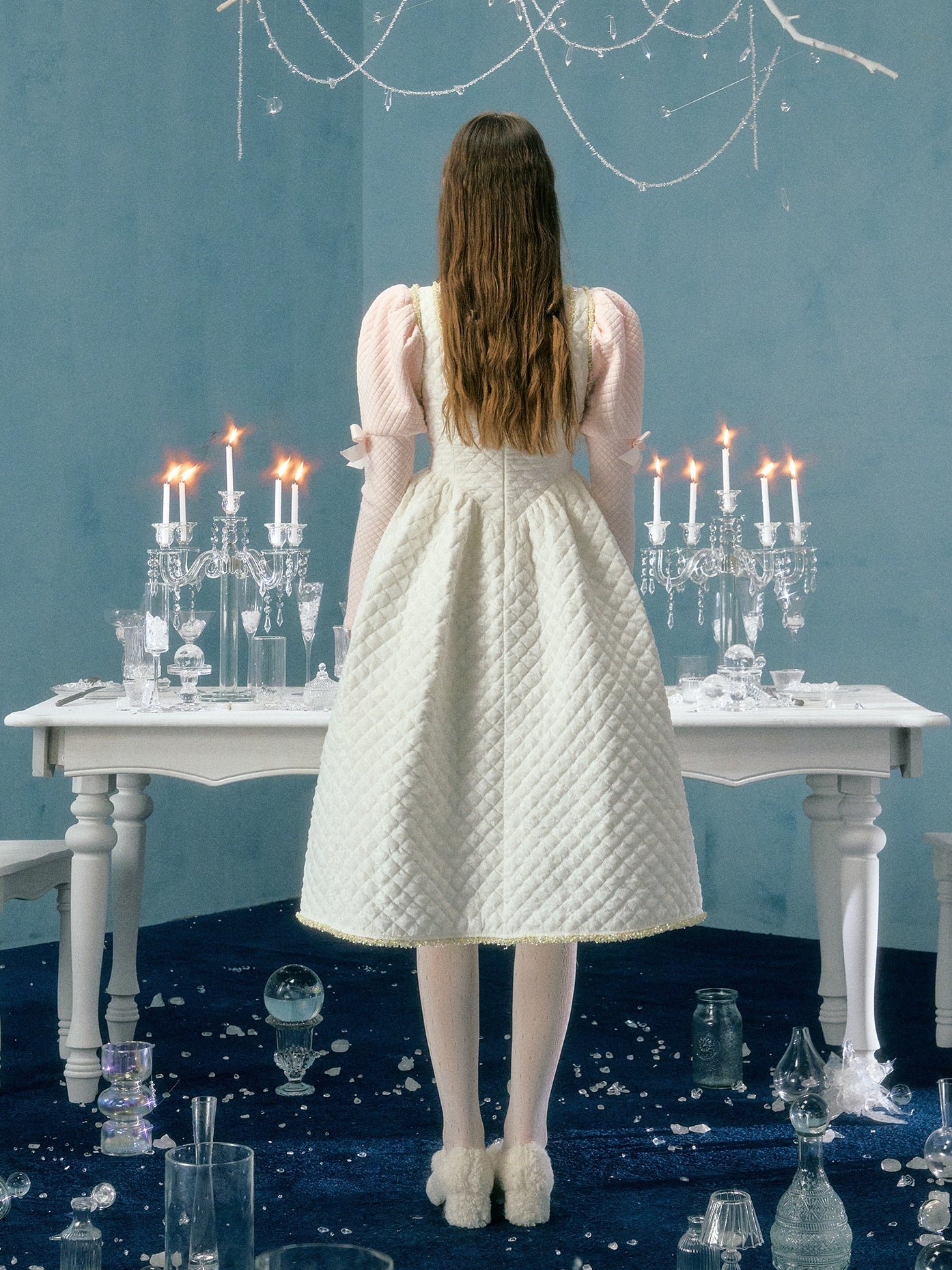 Lace Bow Flower Decoration Padded Suspender Dress & Puff Sleeve Top