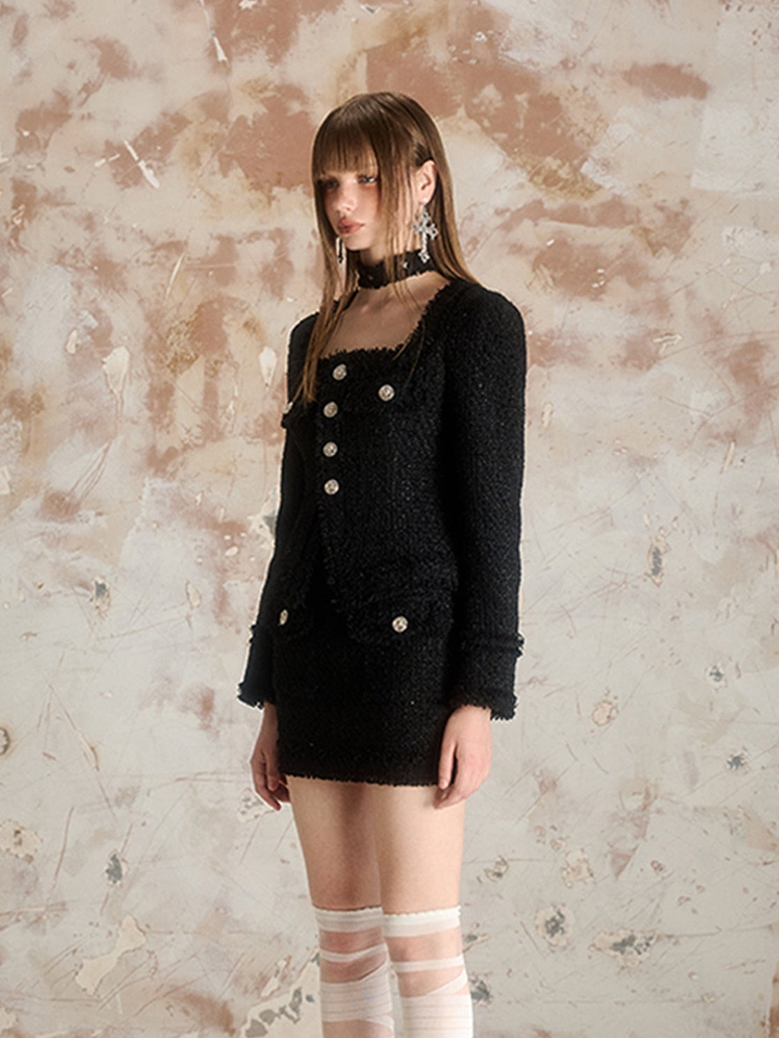 Square Collar Tweed Short Jacket & Tight Skirt